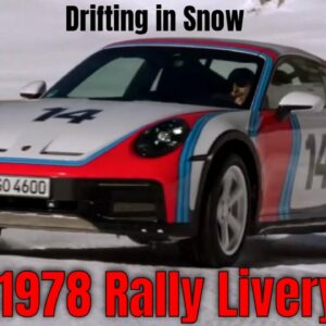 Porsche Winter Event with 911 Dakar 1978 Rally Livery Drifting in Snow